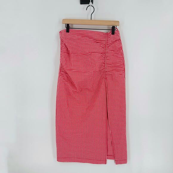 Zara Red White Gingham Midi Skirt Side Slit Mid Rise Ruched Size L Large - Picture 7 of 7